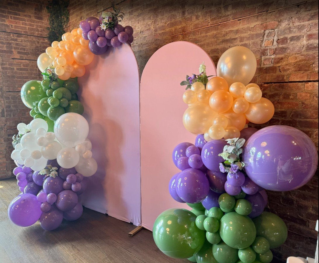 15-ft balloons garland with 2 backdrop cactus, lavender, pearl peach and pearl white.